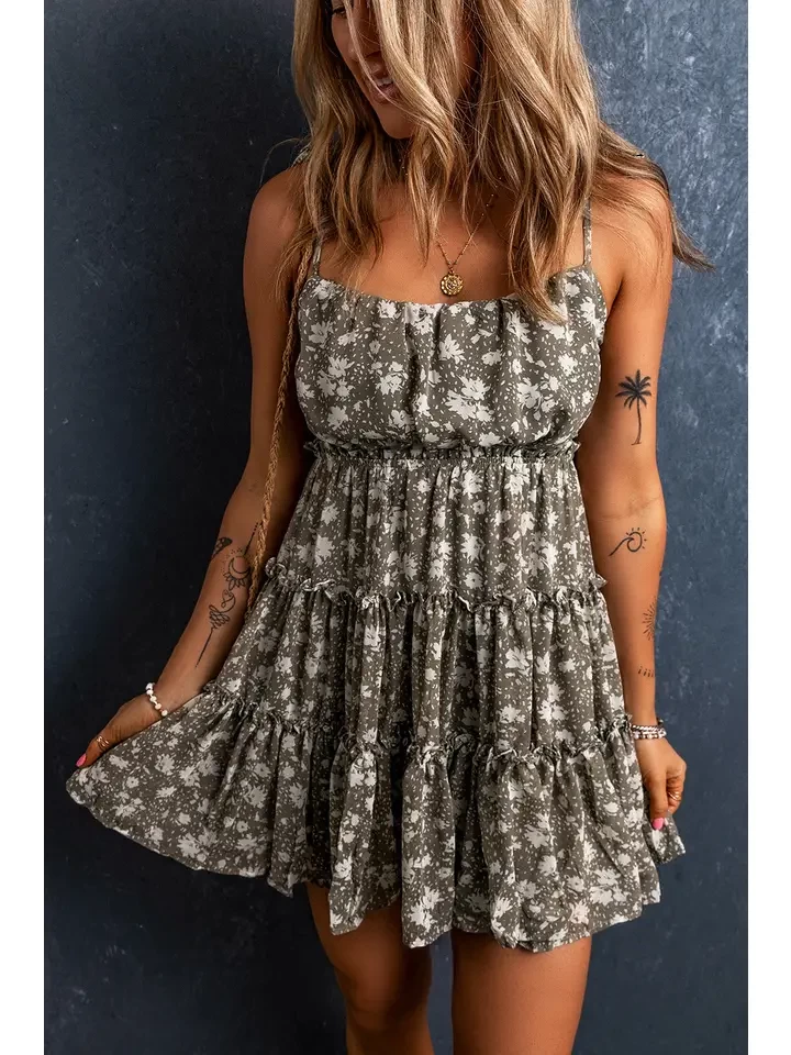 Floral Tie Straps Tiered Dress