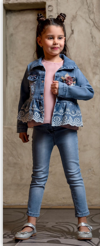 Girls Three Piece Embroidered Denim Jacket & Jeans Set (2-5Y)