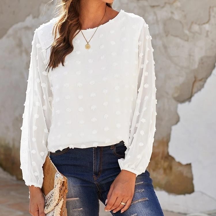 White Swiss Dot Long Puff Sleeve Top