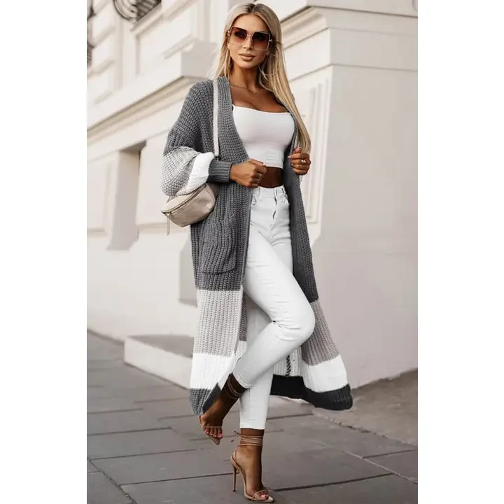Zameka Longline Colour Block Knitted Cardigan-Grey