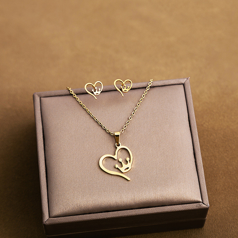 Fashion Jewelry Necklace And Earrings For Women 304 Stainless Steel 18K Gold Plated Hollow Heart Rose Flower Gift (OPT 1)