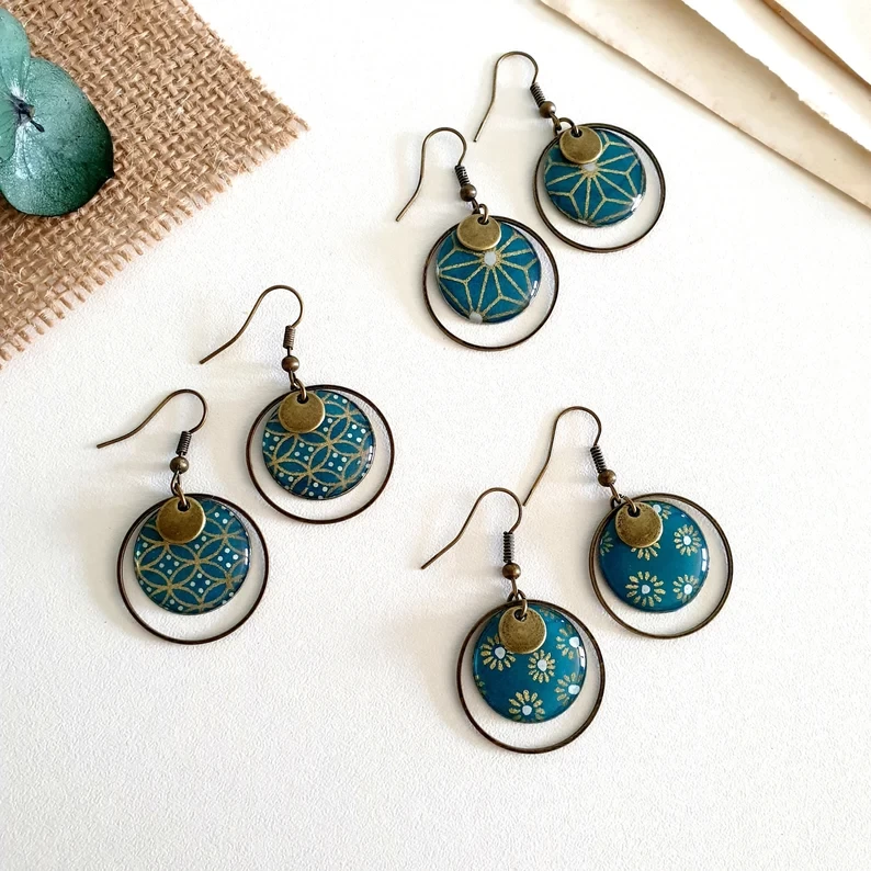 Washi Paper Duck Blue earrings - Retro vintage jewels for women - Brass and gold geometric jewelry