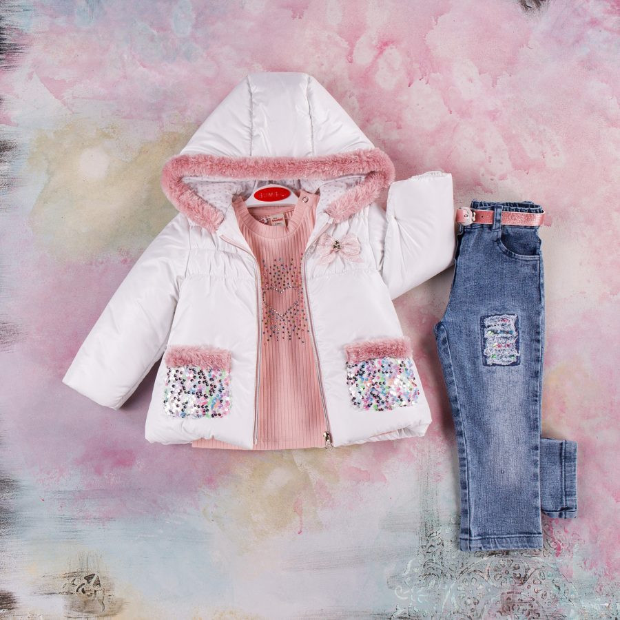 Baby Girls Three Piece Padded Sequin Jacket, Diamante Top & Jeans Set -2
