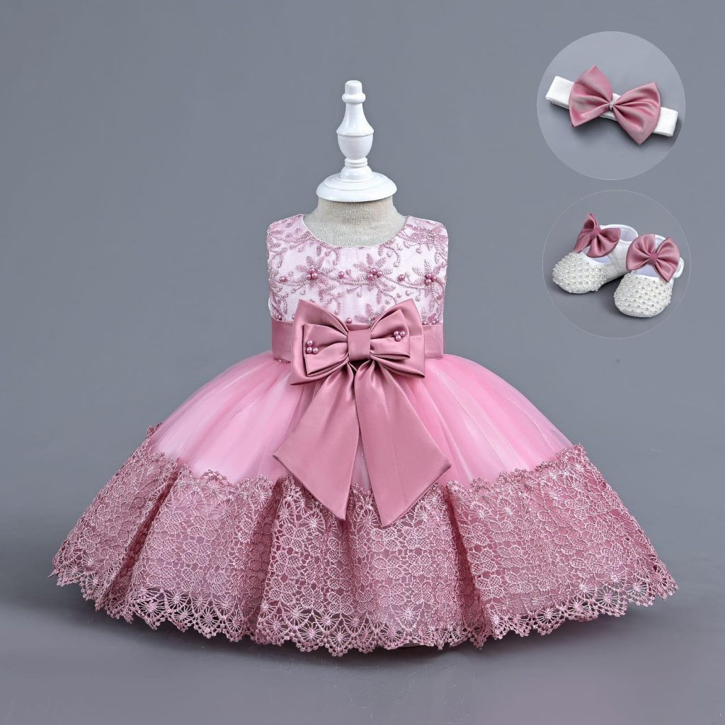Baby Girls Pearl Lace Party Dress with Shoes and Headband (6-24M) - PINK