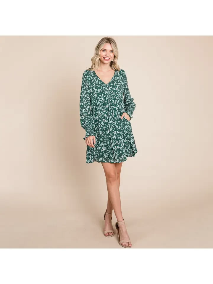 V Neck Floral Printed Long Sleeve Pleated Dress Green
