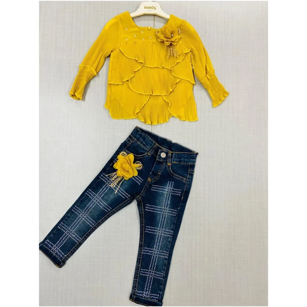 Girls Long Sleeve Crinkle Effect Layered Top & Denim Diamante Jeans Set (2-5Y)