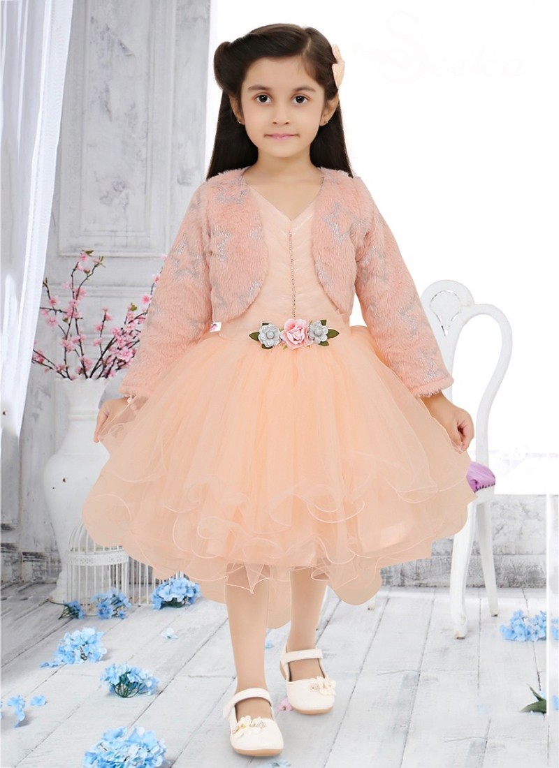 Peach Net Knee Length Party Wear Baby Dress