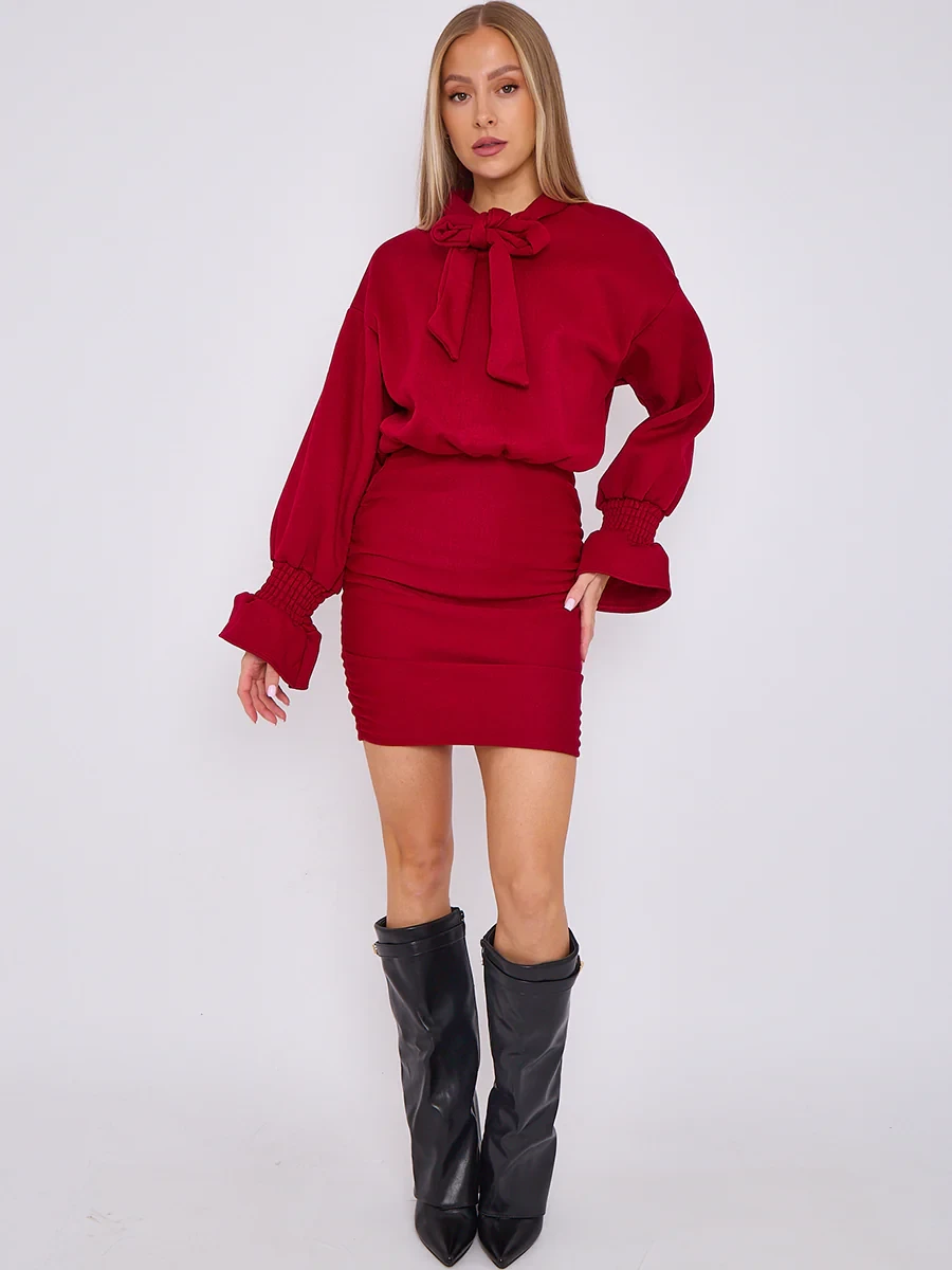 PUFF DETAIL RUCHED FLEECE DRESS