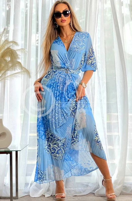 ROSALIND PAISLEY CHIFFON PLEATED MAXI DRESS-BLUE