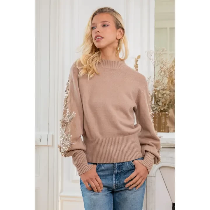 Classic Cut Knit Sweater Embroidered with Sequins and Pearls