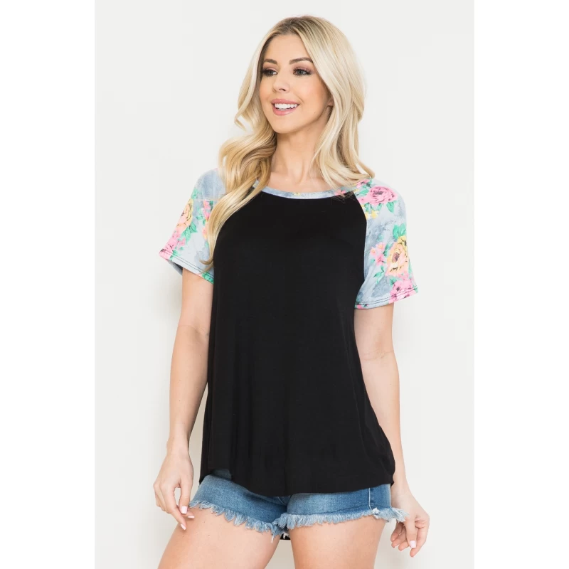 Solid Floral Contrast Short Sleeve Round Neck Top
