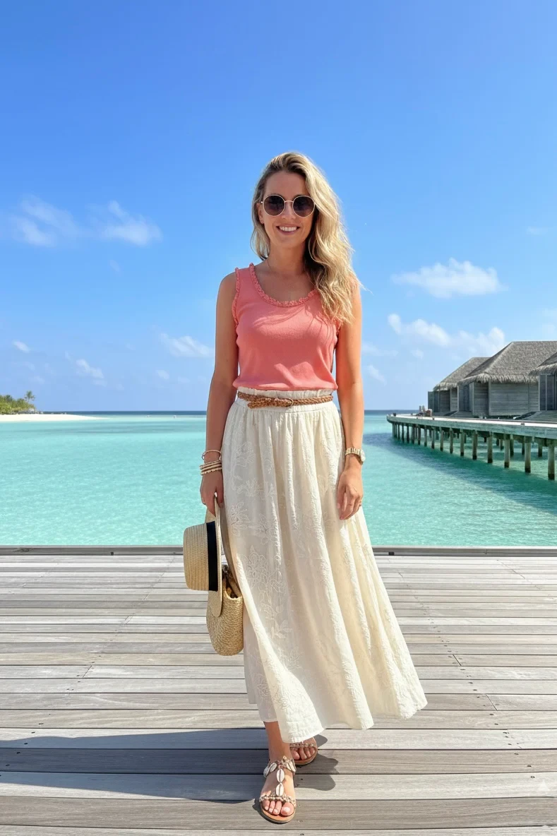 FRILL HEM RIBBED VEST - CORAL