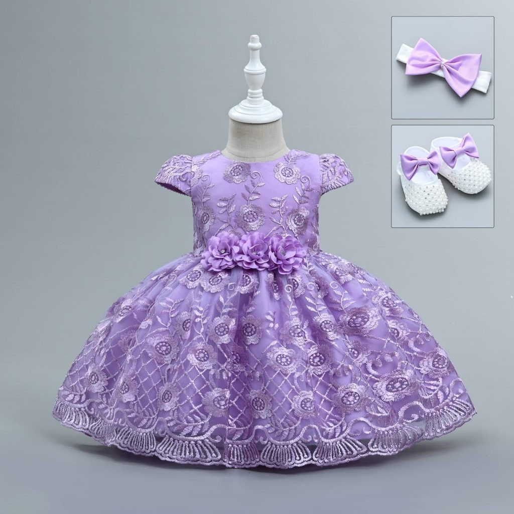 Baby Girls Floral Embroidered Party Dress with Shoes and Headband (6-24M) - LILAC