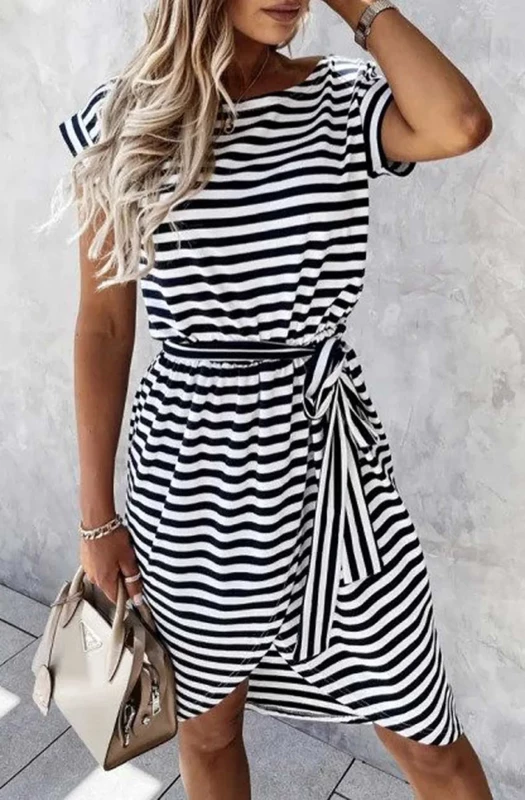 MELORRA STRIPED FRONT WRAP BELTED DRESS-BLACK