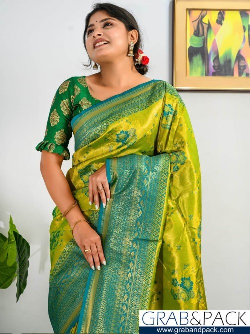 Traditional Wear Green Weaving Work Pure Silk Saree