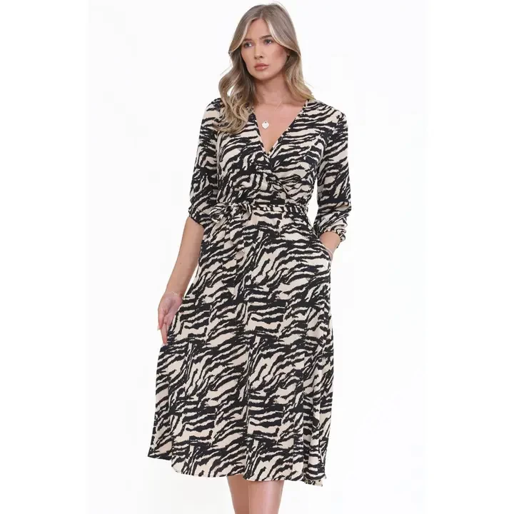 Camel Zebra Printed Wrapped Midmaxi Dress