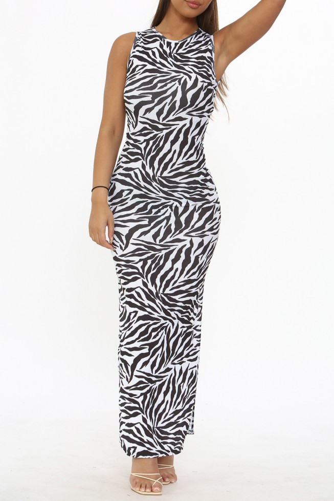 Zebra Print Side Split Maxi Dress
