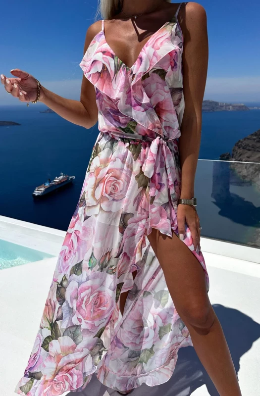 DIANE FLORAL WRAP FRILL CHIFFON MAXI DRESS-PINK