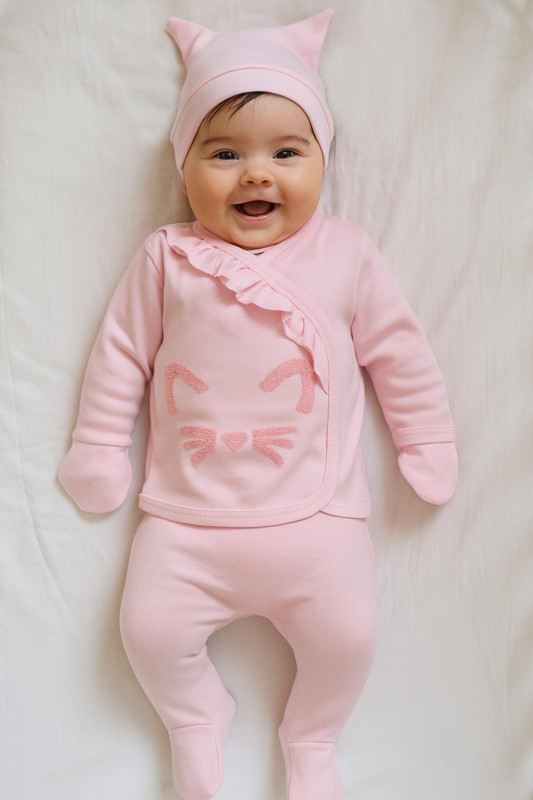 Baby Girls Frilly Kitty Embossed Five Piece Set with Mittens, Bib & Hat (0-6M)