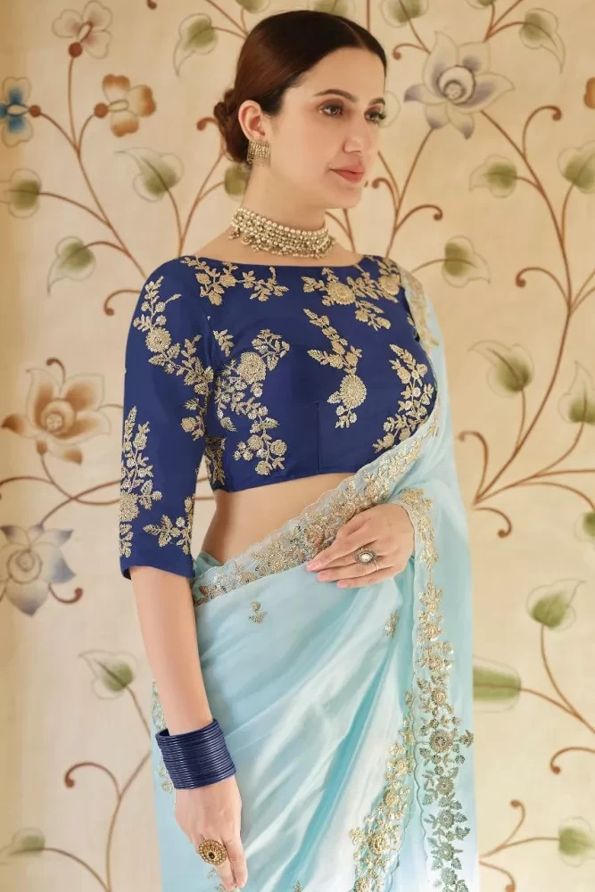 Sky Blue Soft Organza Silk Bollywood Style Saree With Sequence Work and Blouse