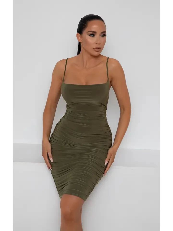 Olive Ruched Midi Bodycon Dress - Taylor