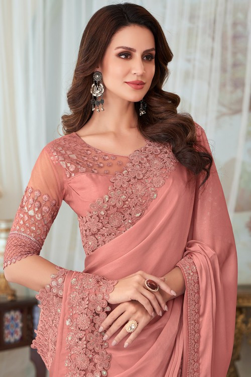 Dusty Peach Chiffon Embroidered Saree