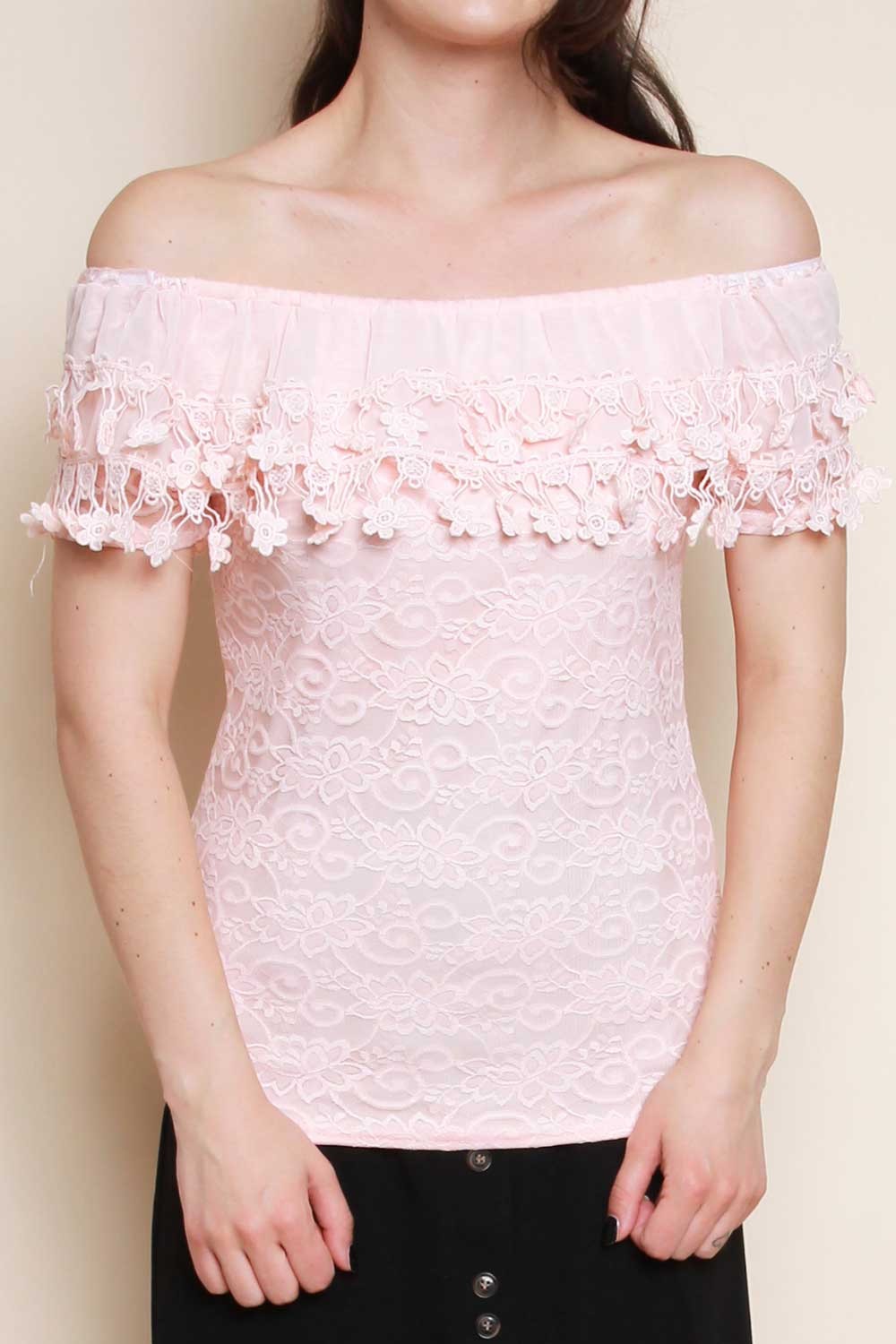 Bardot Off Shoulder Crochet Detail Frill Lace Top