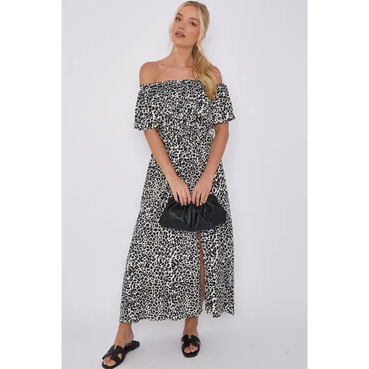 Lepard Print Bardot Maxi Dress