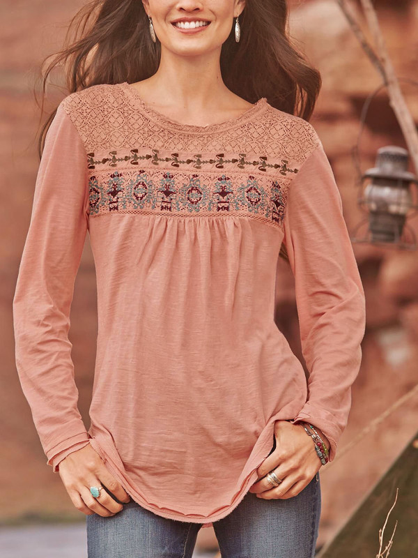 PINK Pure Cotton Long Sleeve Embroidered Yoke Smock Top