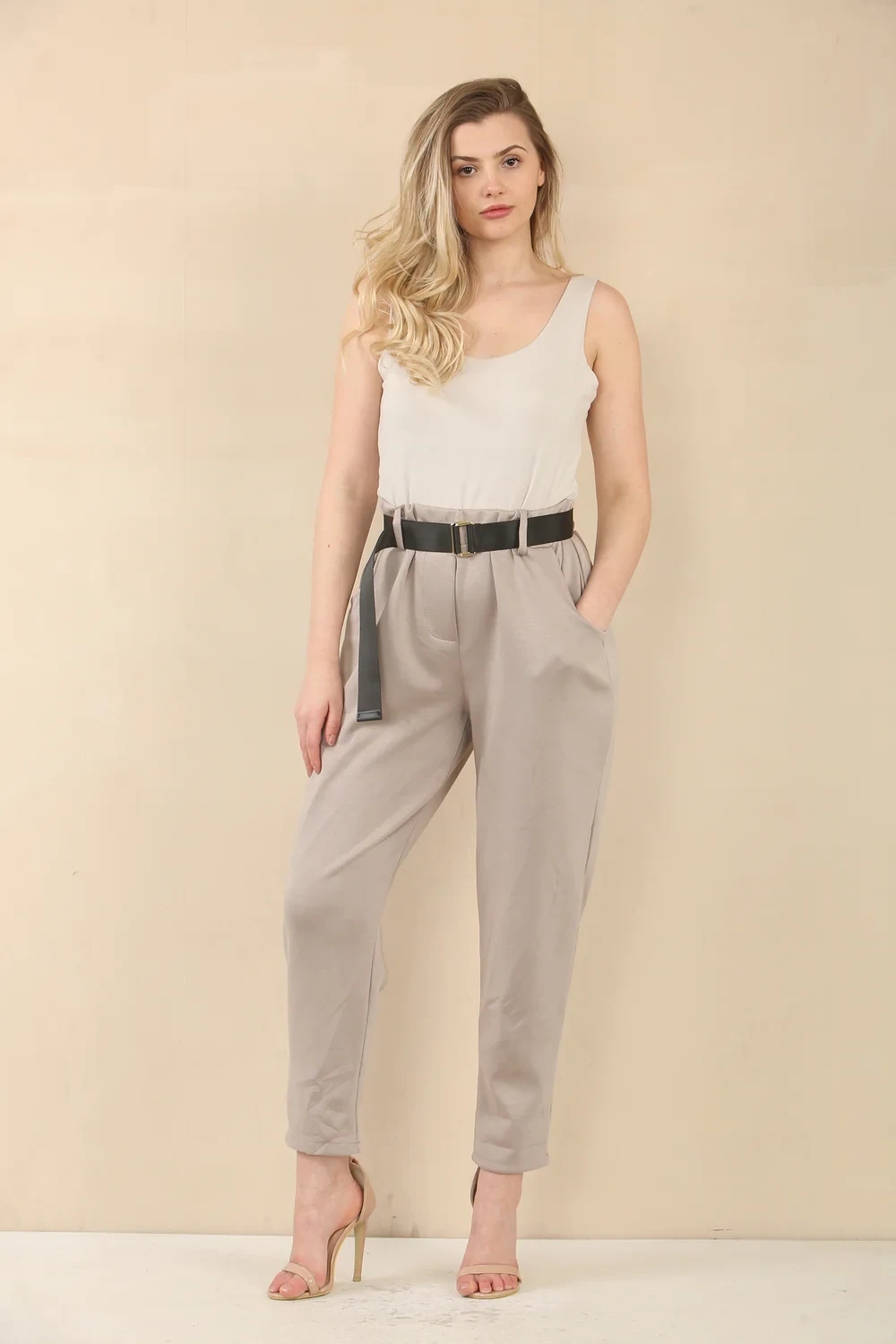 BLACK BELTED STRETCHABLE MAGIC PANTS - MOCHA