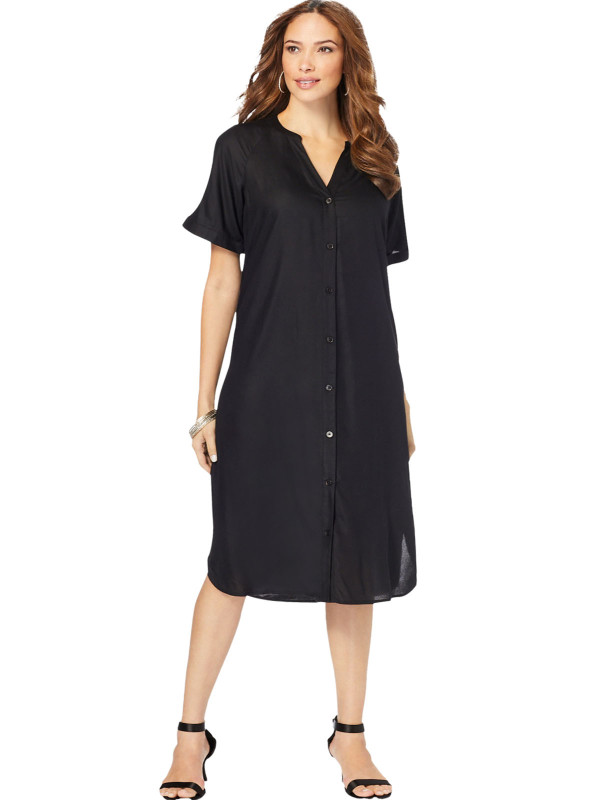 BLACK Button Through Short Sleeve Midi Dress