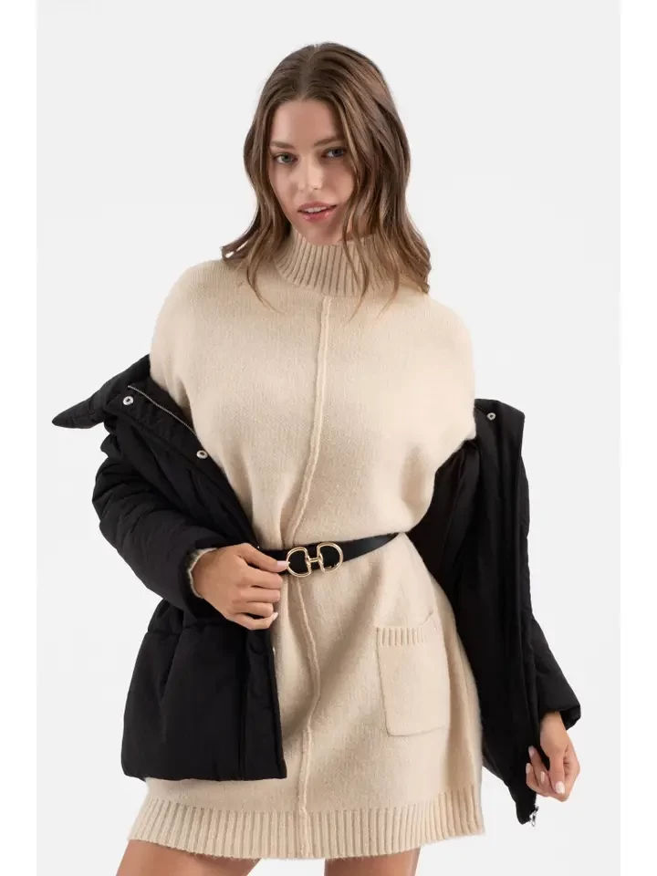 Mock Neck Front Seam Knit Sweater Dress