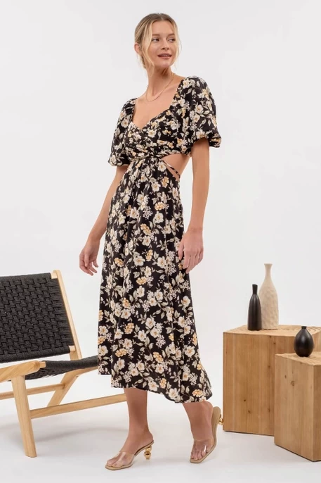 Floral Puff Sleeve Cut Out Midi Dress