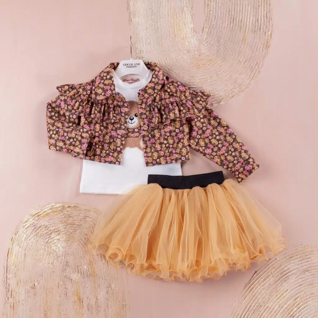 Girls Three Piece Floral Jacket, Teddy Top & Net Skirt Set (2-5Y)