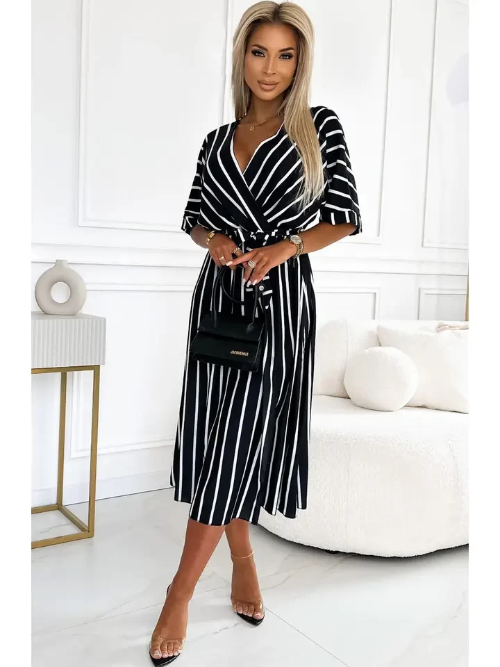 Novana Striped Side Slit Wrap Midaxi Dress-Black