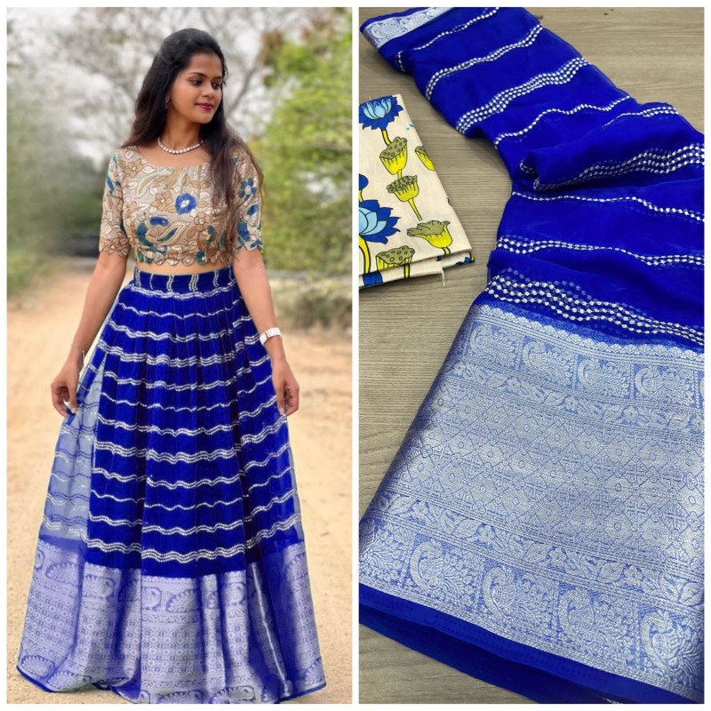 Nylon Orgenza Jacquard Multi Emrodiry Work Lengha & Digital Printed Blouse