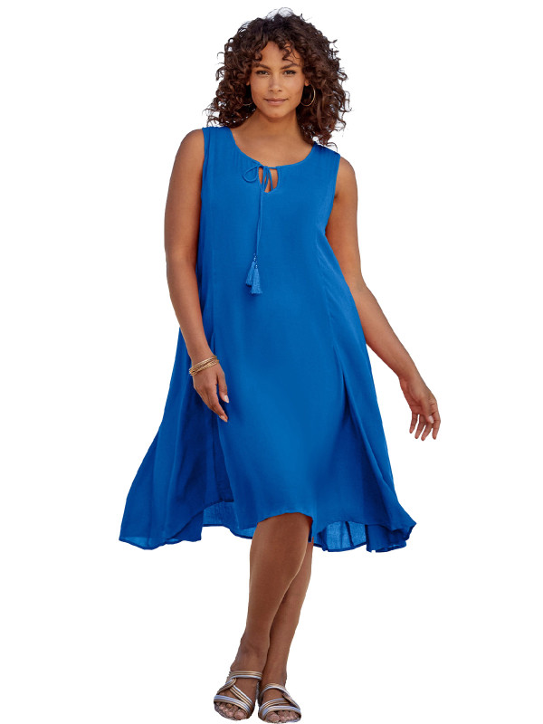 A-Line Crinkle Dress With Tassel Ties - Vivid Blue