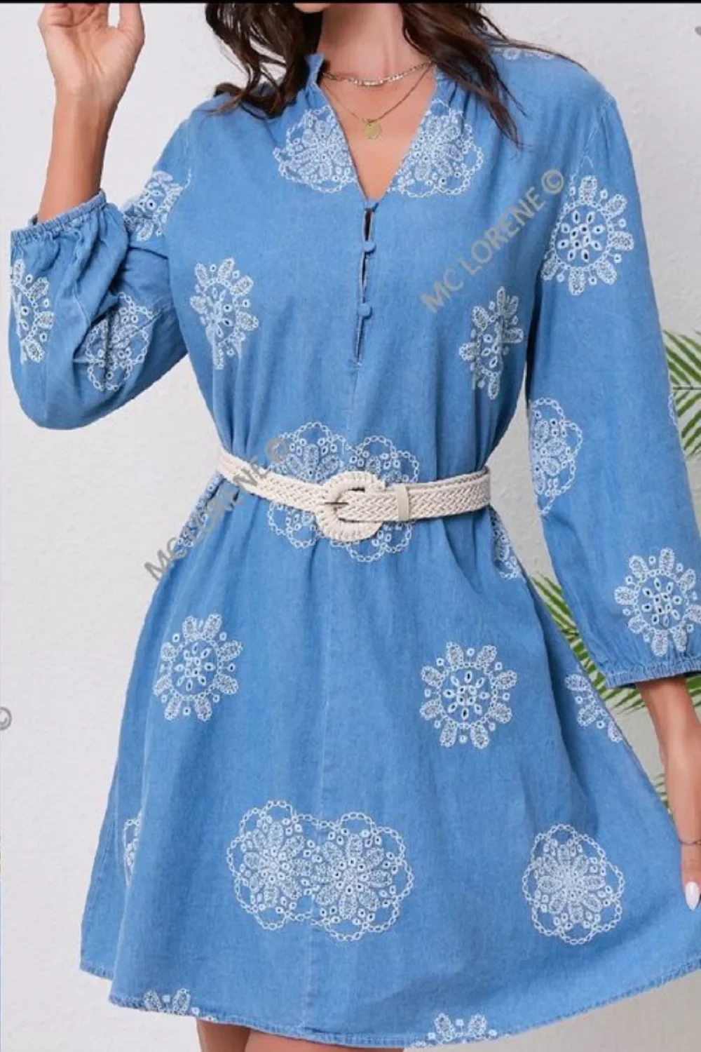 DENIM BELTED EMBROIDERED DRESS