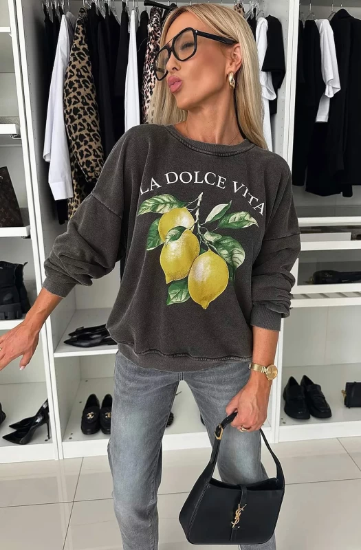 'LA DOLCE VITA' GRAPHIC PRINTED JUMPER SWEATER TOP-CHARCOAL